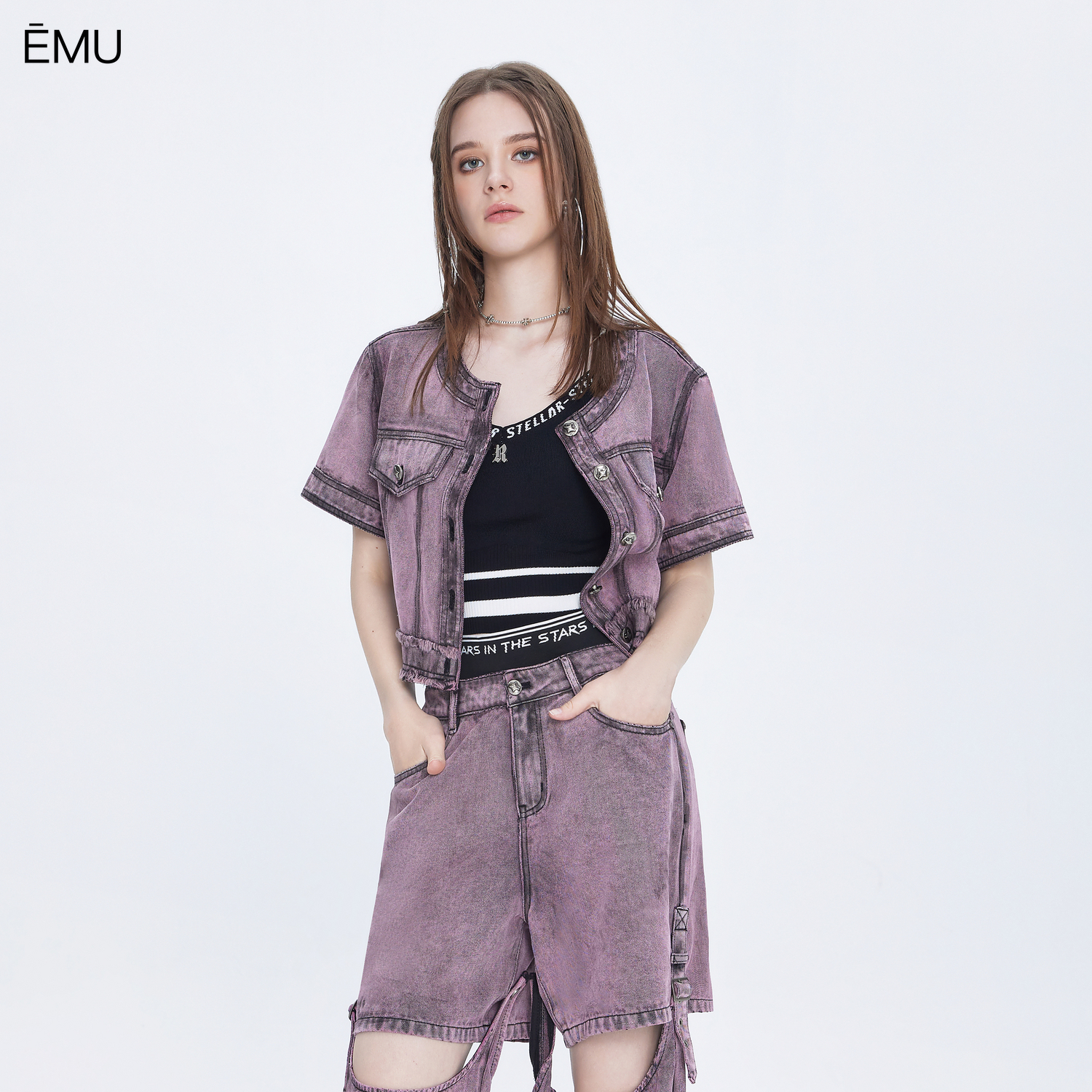 依妙EMU做旧复古牛仔外套夏季韩系ins风复古圆领短袖短款炸街外套