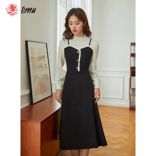 EMU依妙连衣裙秋两件套长袖 连衣裙长裙 丝绒拼接假两件气质女式