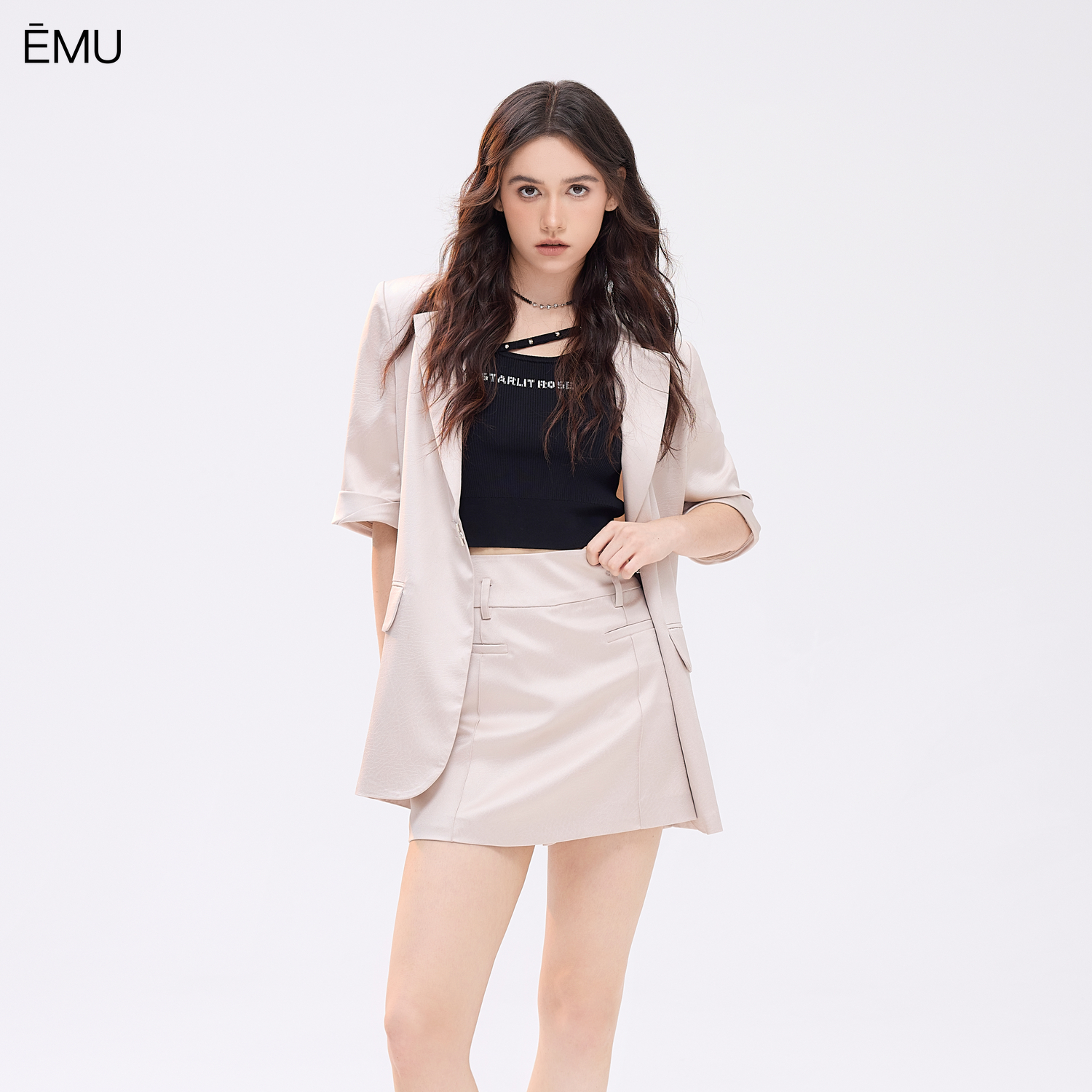依妙EMU肌理感缎面西装外套半身裙套装女2025夏新款时尚两件套