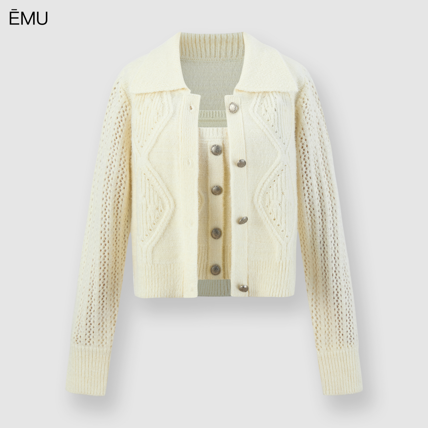 依妙EMU两件套毛织上衣冬季新款翻领镂空菱纹长袖外套加无袖内搭