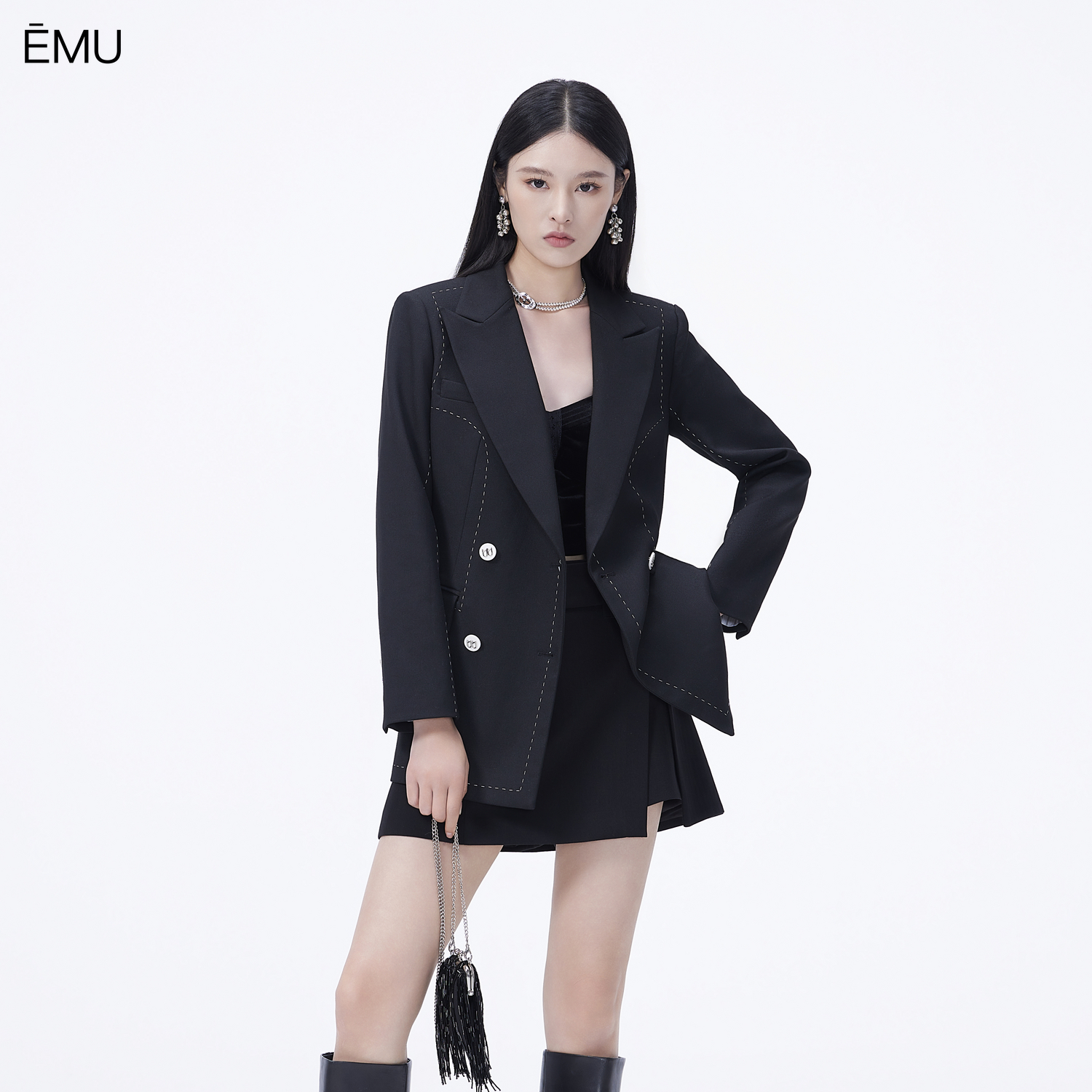 依妙EMU气质通勤西装外套女2025秋装撞色设计感中长款