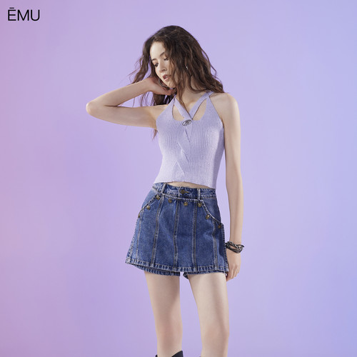 依妙EMU气质交叉v领扭结小吊带背心2025秋款修身无袖针织上衣