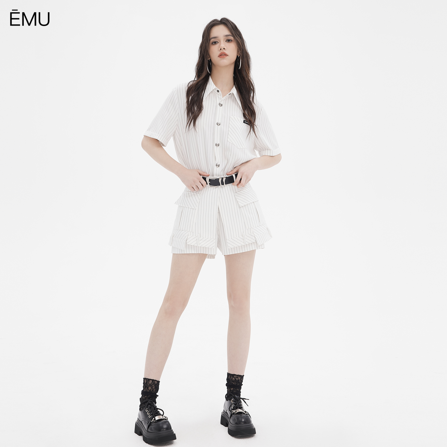 依妙EMU条纹衬衫腰封连体裤2025夏款宽松短袖连体衫(不含腰带)