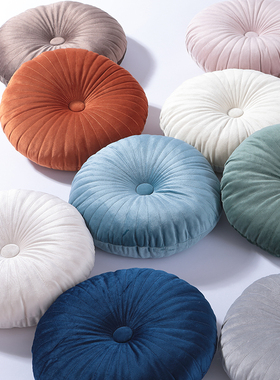 复古圆形南瓜抱枕 ins丝绒靠垫茶室书房飘窗坐垫纯色车载靠枕含芯