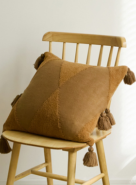 北欧复古流苏抱枕套 客厅软装沙发靠垫床头枕姜黄 车载靠枕靠背