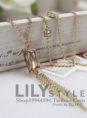 饰品香槟色方形水晶流苏吊坠项链