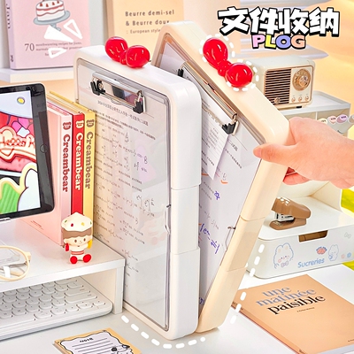 文件夹写字板收纳盒简约可爱蝴蝶结透明试卷夹学生宿舍A4纸资料盒