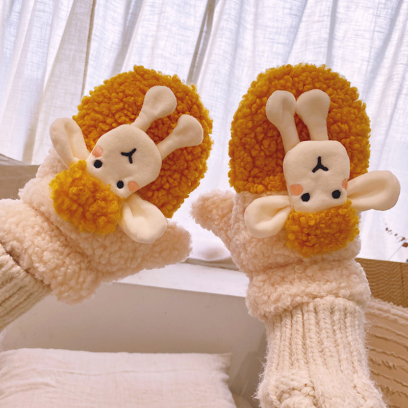 KOREAN VERSION OF INS GLOVES FEMALE WINTER CARTOON CUTE VELVET THICKENED STUDENT WINTER RIDING COLD AND WARM CAN BE HALTERED