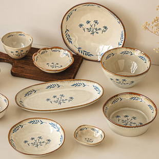 悠瓷中古风餐具陶瓷盘子家用菜盘碗碟碗盘组合高颜值饭碗汤碗面碗