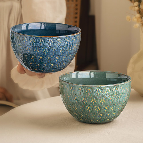 悠瓷孔雀纹5英寸浮雕饭碗甜品碗