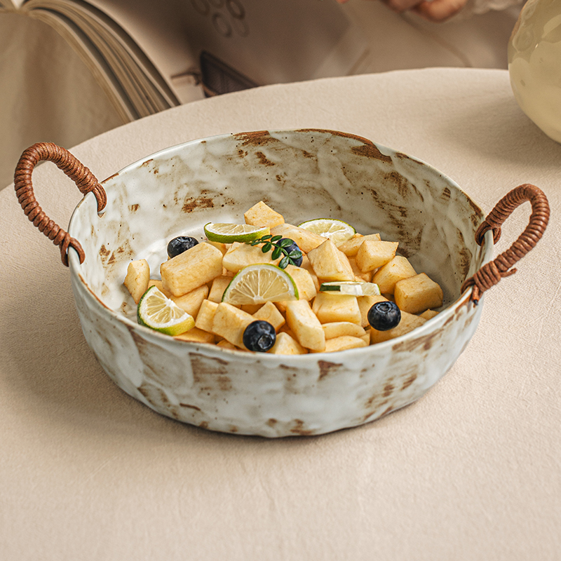 悠瓷日式麻绳粗陶双耳碗