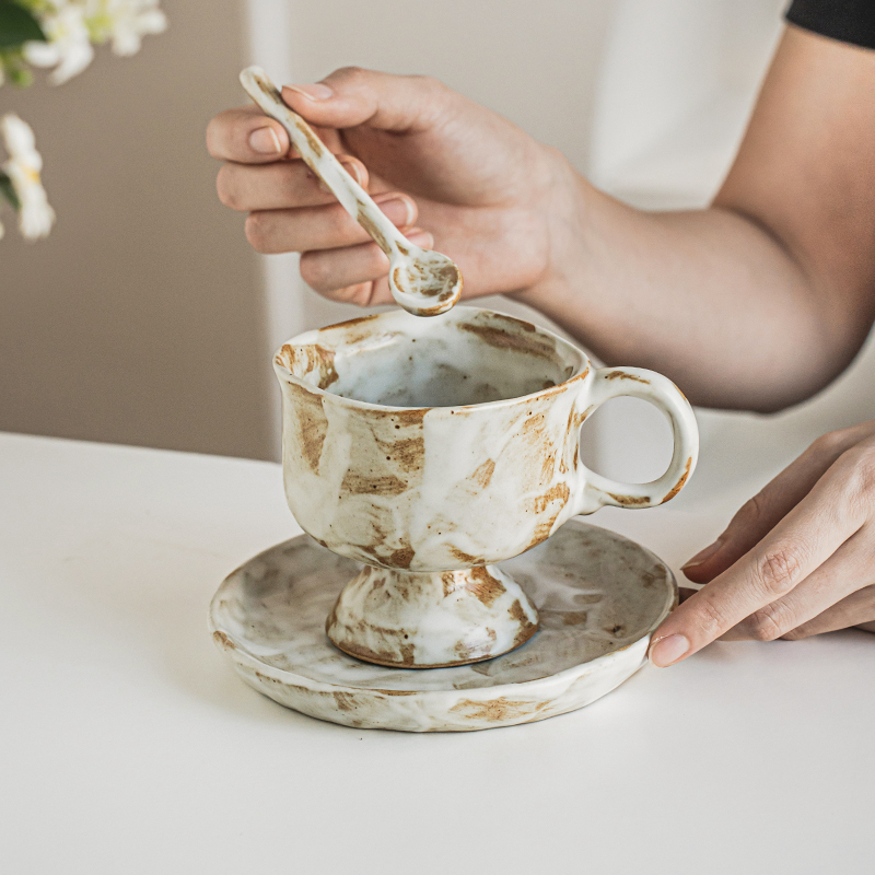 悠瓷 精致漂亮手工粗陶咖啡杯碟套装小众马克杯陶瓷杯喝水杯家用