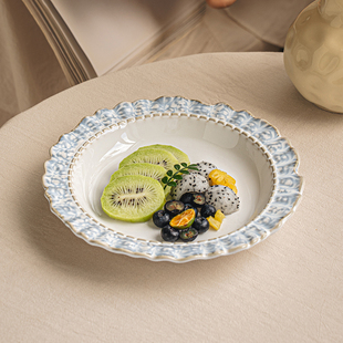 悠瓷 花边8.5英寸陶瓷盘子家用浮雕意面西餐盘轻奢复古蛋糕盘 法式