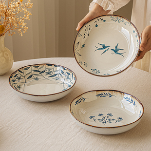 悠瓷 复古餐盘陶瓷深盘8.5英寸盘子菜盘家用高级感餐具沙拉碗 日式
