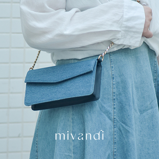 简约头层牛皮链条斜挎包 丹宁系列牛仔信封包时尚 MIVANDI 2024新款