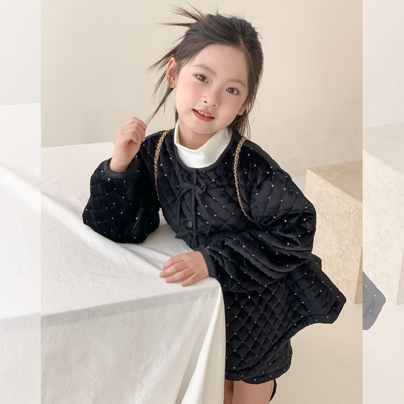 女童秋冬装丝绒亮片小香风套装2025女宝宝韩版洋气夹棉加绒两件套