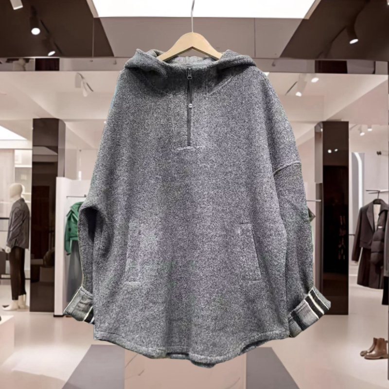 秋冬新宽松拼接袖口灰色上衣女中长款高端半拉链连帽卫衣QM24M291