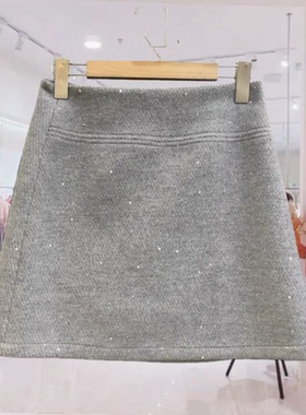欧货冬季小个子时尚高腰烫钻毛呢A字裙百搭显瘦半身裙66182