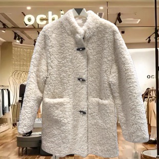 SXM2025冬韩版立领牛角扣皮毛一体羊羔毛外套女中长大衣潮25570