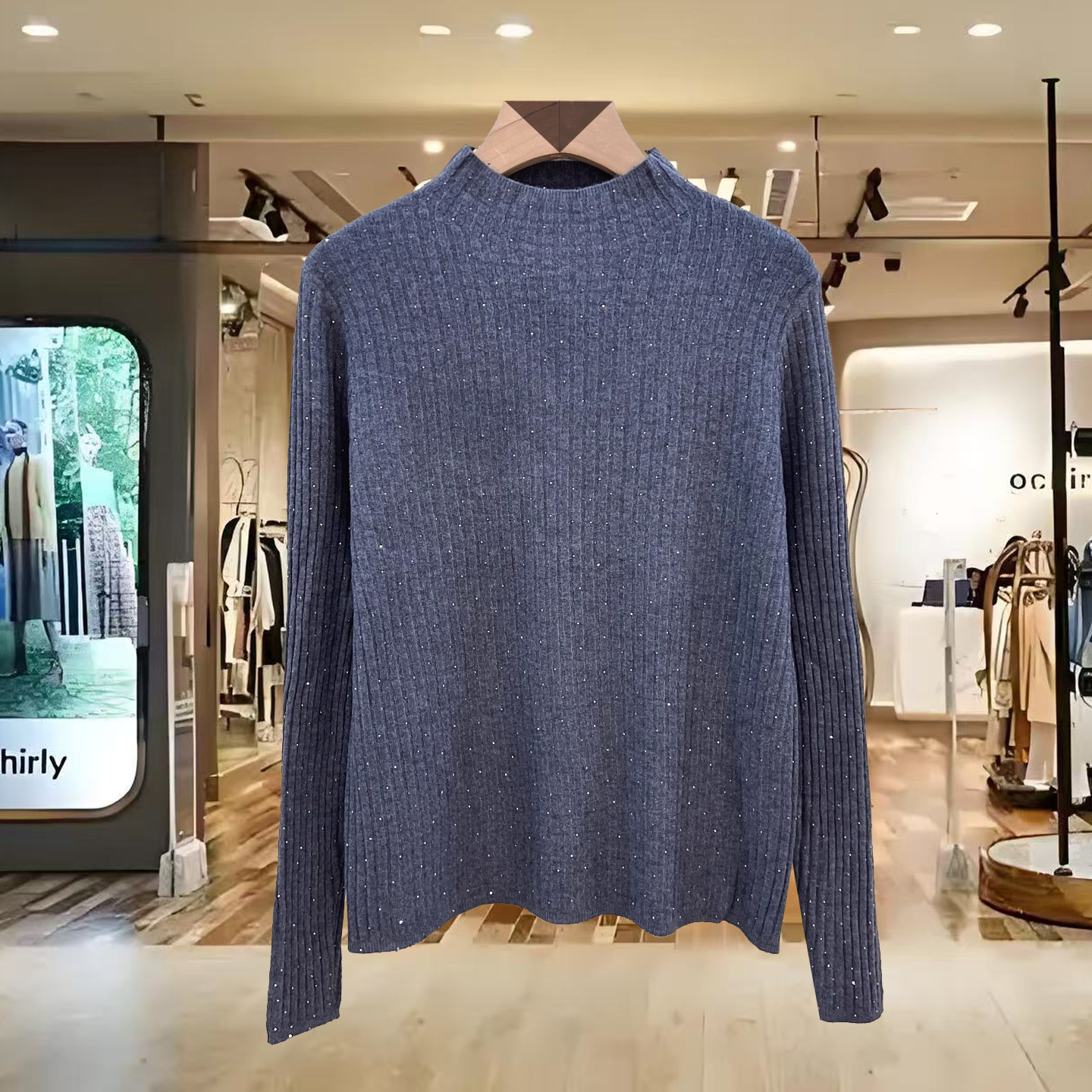 欧货时尚百搭圆领烫钻简约显瘦羊毛针织衫上衣秋季新款2025