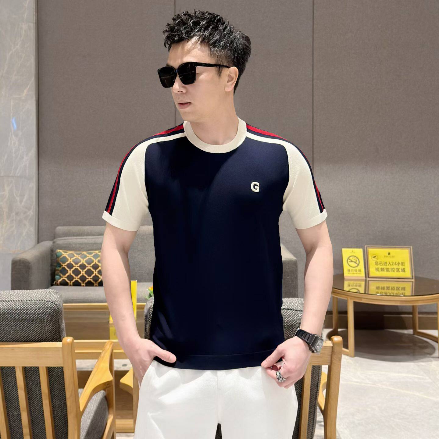 沃布梵 高端春夏季针织短袖圆领T恤男士时尚撞色修身百搭体恤衫男