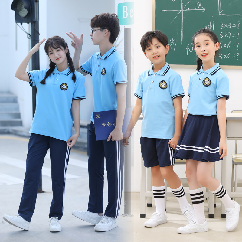 新品夏季棉款幼儿园服夏装蓝色中小学生短袖校服班服两件套装定制