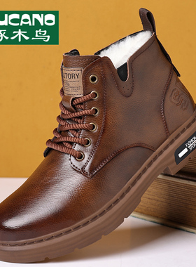 啄木鸟马丁靴男款秋季真皮新款英伦高帮短靴加绒羊毛工装靴子潮流