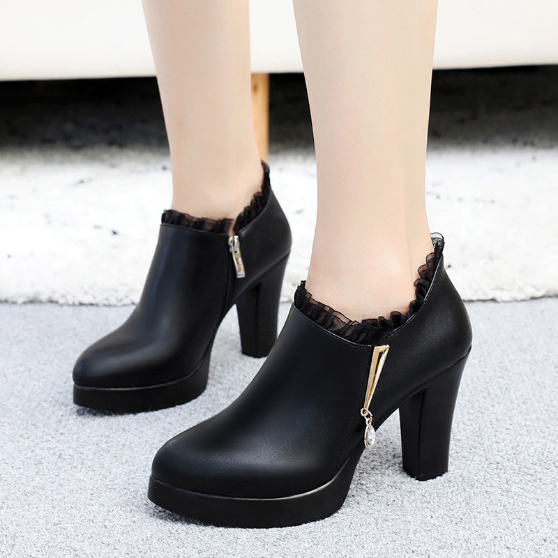 尖头秋新款加绒粗跟高跟防水台女鞋蕾丝花边超高跟厚底深口单鞋女,女鞋,深口单鞋,淘宝优惠券,粉丝福利购,淘宝优惠卷