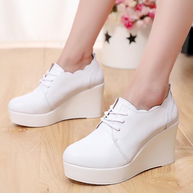 松糕坡跟防水台加绒深口系带单鞋