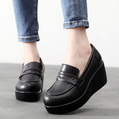 防水台女鞋 松糕底单鞋 秋款 真皮坡跟深口小皮鞋 加绒一脚蹬乐福鞋