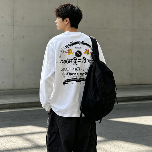 藏文印花长袖T恤男美式高街宽松落肩圆领上衣早秋潮牌男女同款