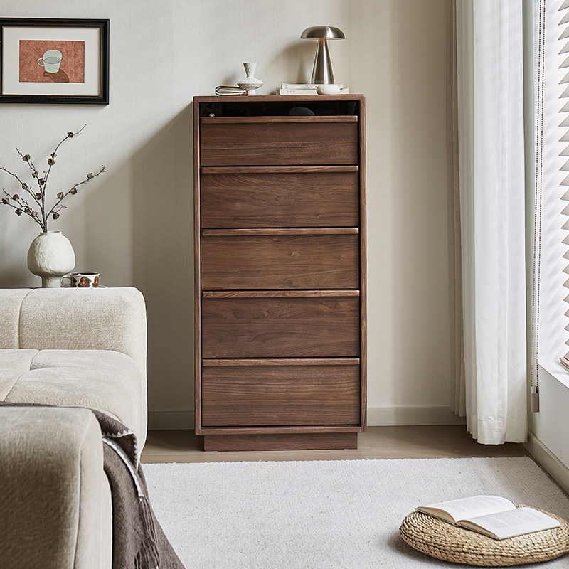 黑胡桃木实木高五斗柜中古风储物柜家用卧室收纳柜骨骼线玄关柜