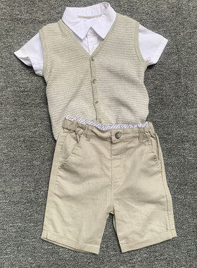 英国mamaspapas纯原 婴童男宝短袖衬衫马甲短裤礼服三件套 12M18M