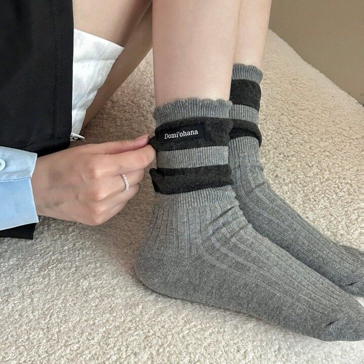灰黑撞色条纹堆堆袜女春秋纯棉竖