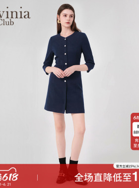 拉维妮娅女装春秋新款通勤简约装饰纽扣V领连衣裙女J45L112Z