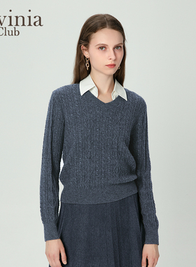 拉维妮娅秋新品miu系翻领拼接假两件复古绞花毛针织衫I47Z101