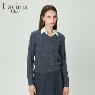 拉维妮娅秋新品 I47Z101 miu系翻领拼接假两件复古绞花毛针织衫