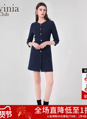 拉维妮娅女装春秋新款通勤简约装饰纽扣V领连衣裙女J45L112Z