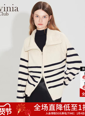 Lavinia 双拉链经典黑白毛衣女春秋新款大翻领毛针织开衫外套