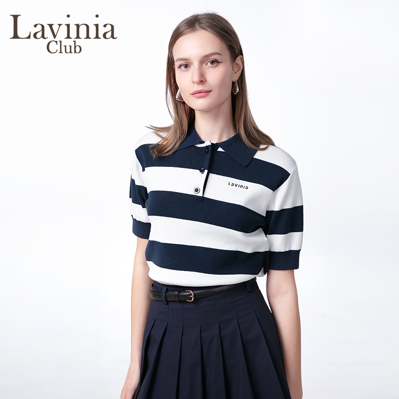 Lavinia条纹POLO领针织短袖T恤女2025春新款休闲宽松通勤翻领上衣