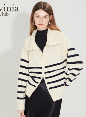 Lavinia 双拉链经典黑白毛衣女春秋新款大翻领毛针织开衫外套