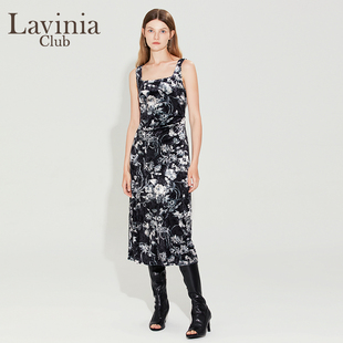 吊带裙 一字领黑花无袖 LaviniaClub新中式 国风印花连衣裙女春新款