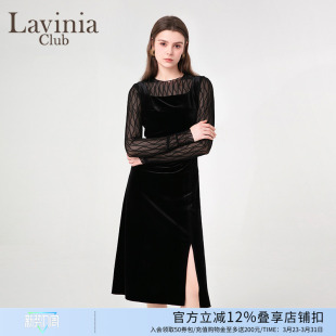 Lavinia春秋优雅气质小黑裙修身 显瘦仿丝绒吊带连衣裙女J45L150S