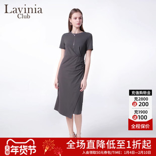 Lavinia法式通勤薄款T恤连衣裙夏2025新款百搭显瘦褶皱围裹式长裙