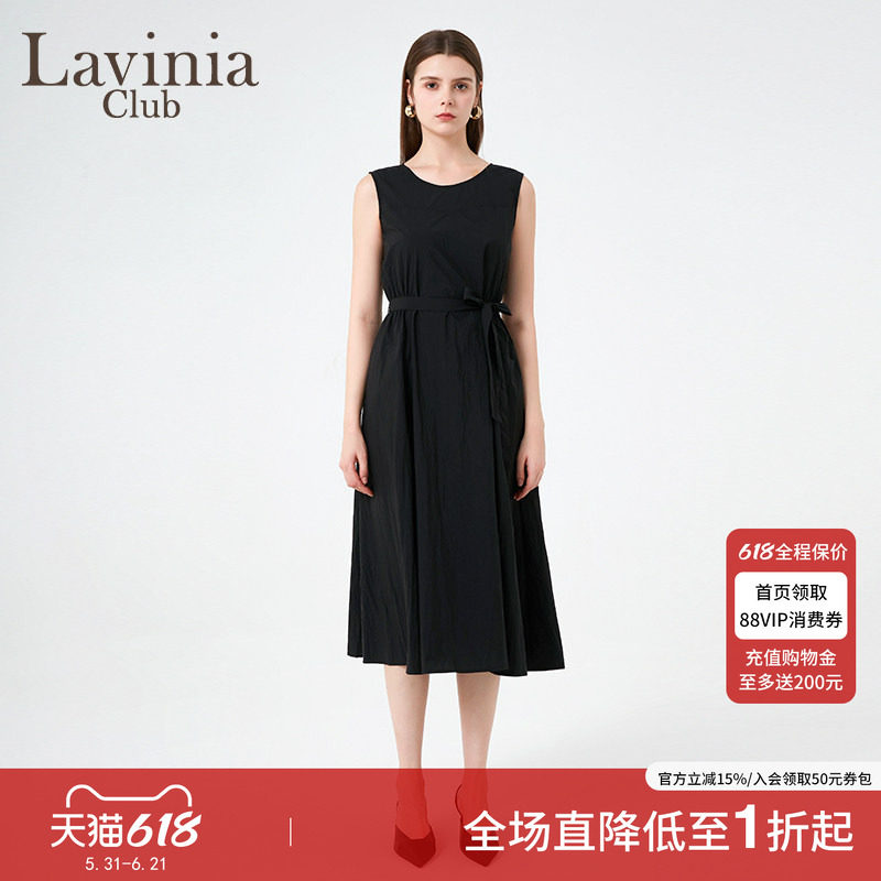 Lavinia夏季流行圆领收腰通勤休闲气质背心无袖中长款连衣裙