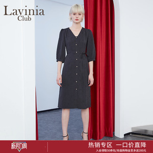 Lavinia 春秋新款v领系带通勤单排扣衬衫连衣裙女赫本小黑裙