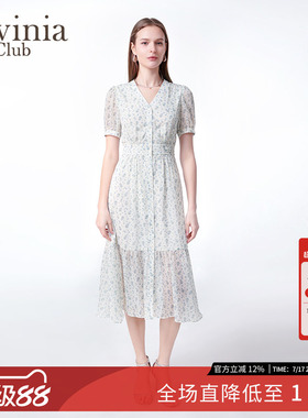 Lavinia雪纺碎花仙女裙夏季新品法式V领短袖OL气质连衣裙Q53L106
