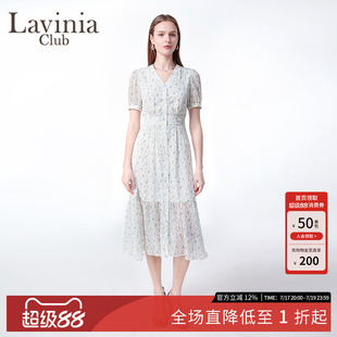 Lavinia雪纺碎花仙女裙夏季新品法式V领短袖OL气质连衣裙Q53L106