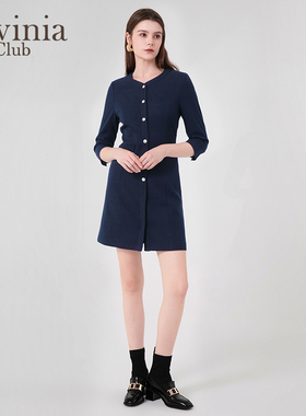 拉维妮娅女装春秋新款通勤简约装饰纽扣V领连衣裙女J45L112Z
