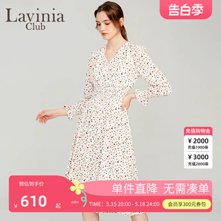 白色碎花V领收腰连衣裙女R21L107 LaviniaClub拉维妮娅春秋款 新品